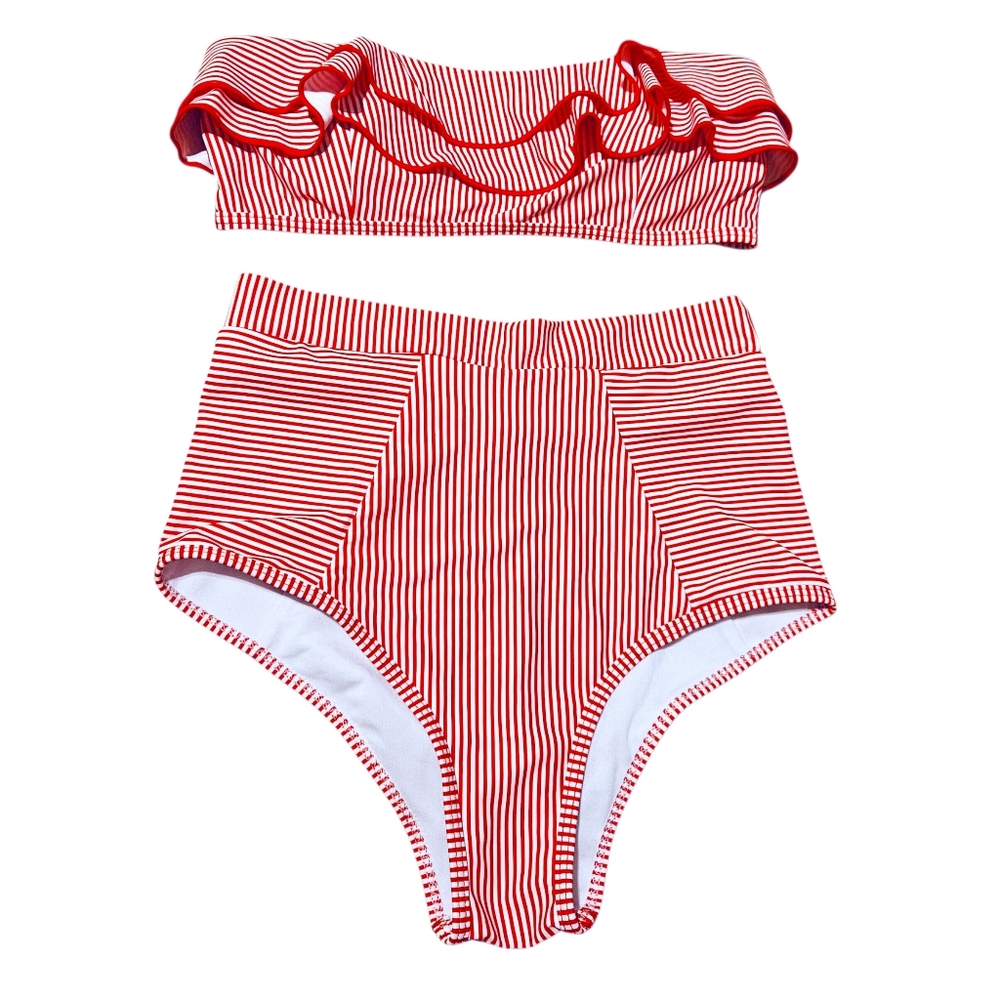 Retro Bandeau Ruffle Striped High Waisted Cheeky Bottom Two Piece Bikini Small